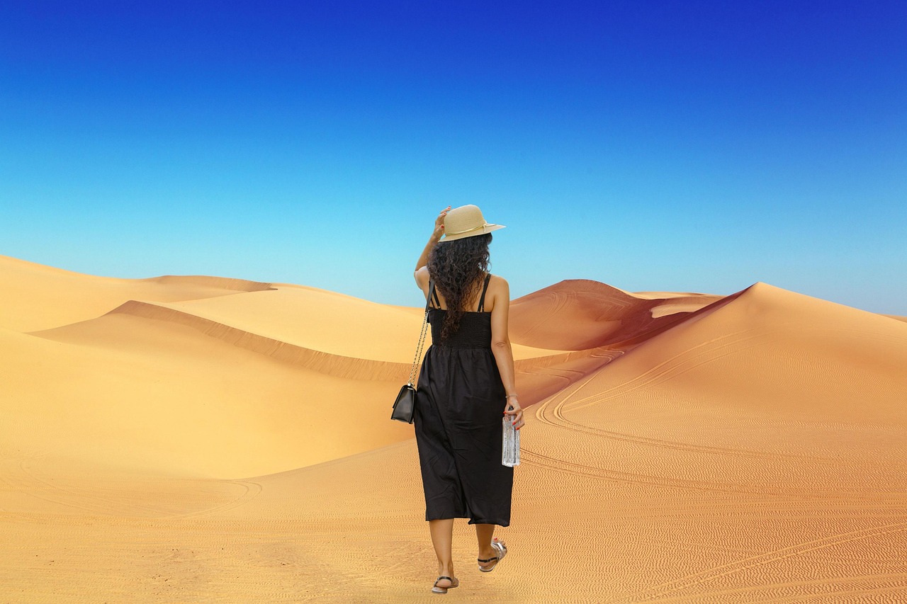 composition, scenes, landscape, fantasy, staff, woman, dress, black, hat, nature, purse, water bottle, walking, sandals, desert, dunes