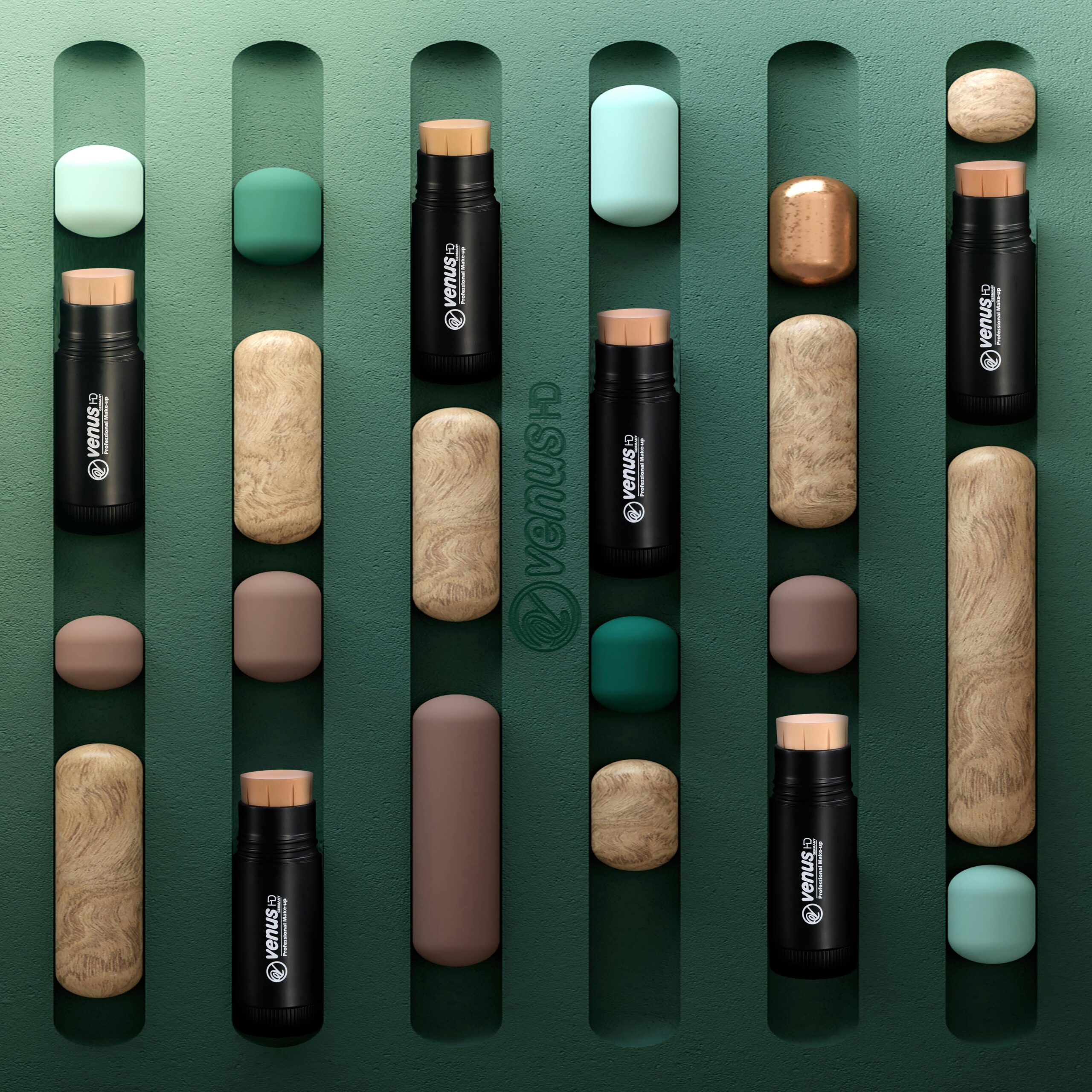 Elegant flat lay of foundation sticks and colors on a textured background.