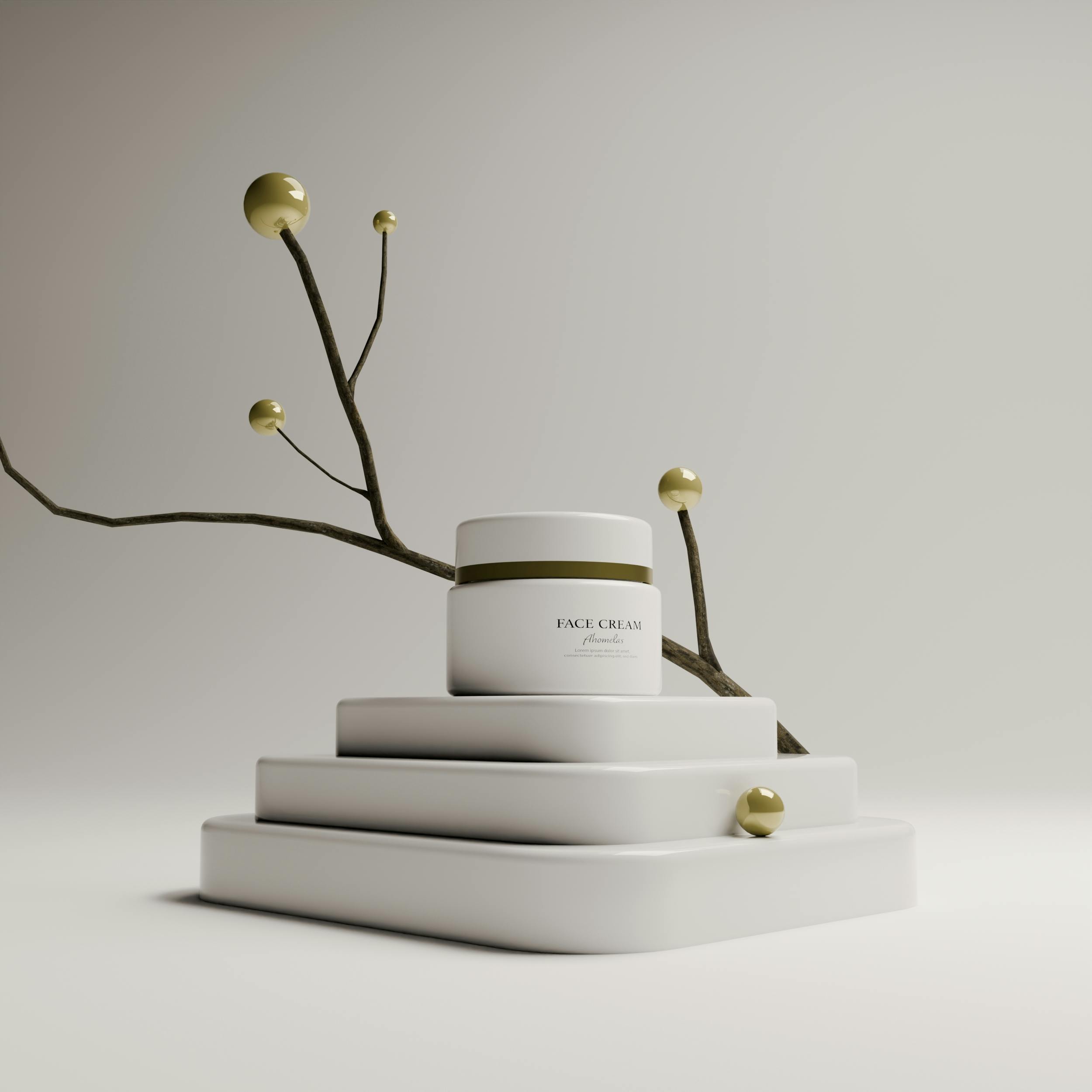 Elegant face cream container displayed on minimalist pedestals with artistic branches.