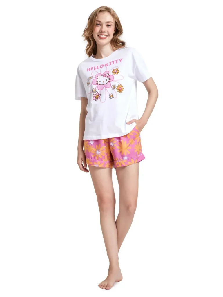 sanrio womenpyjamastshirtshortsleevesshortsflowerfacehellokitty cds20322489 1